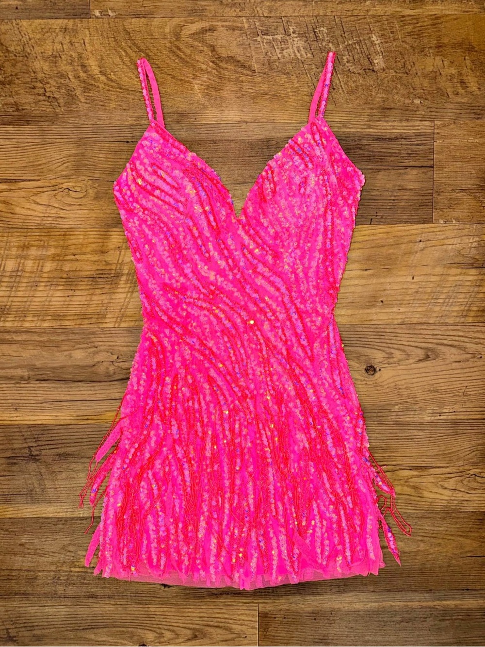 Sequin Fringe Mini Dress in Bright Pink - Women's